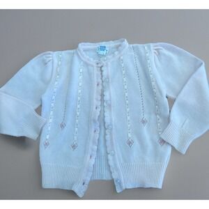 Friedknit Cardigan Sweater VTG Girls‎ Pointelle Embroidery Ribbon Pink 3 2 FLAW